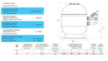Tebas Sandfilteranglage Batory II 750 mm mit Seitenventil 2", max. Durchfluss 22 m³/h - 225 kg Sand