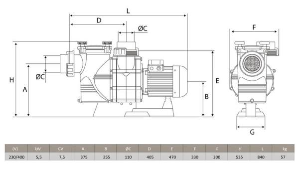 Filterpumpe Atlas AT0750, Impeller aus Bronze, 120 m³/h, 230/400 V, 5,5 kW, 7,5 HP (Salzwasser Fähig)