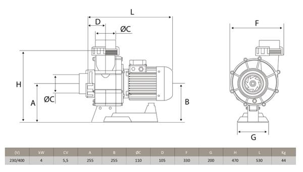 Filterpumpe Atlas AT0550SP, Impeller aus Bronze, 110 m³/h, 230/400 V, 4 kW, 5,5 HP (Salzwasser Fähig)