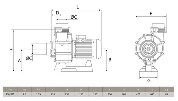 Filterpumpe Atlas AT01250SP-E, Impeller aus Bronze, 170 m³/h, 400/690 V, 9,2 kW, 12,5 HP (Salzwasser Fähig)