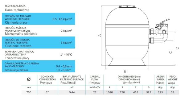 Tebas Sandfilteranglage Batory II 750 mm mit Seitenventil 2", max. Durchfluss 22 m³/h - 225 kg Sand